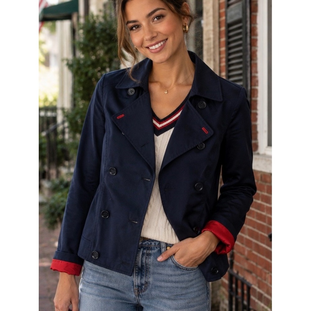 Tommy Hilfiger Vintage Navy Blue Double Breasted Pea Coat 6 Cotton Red Jacket
